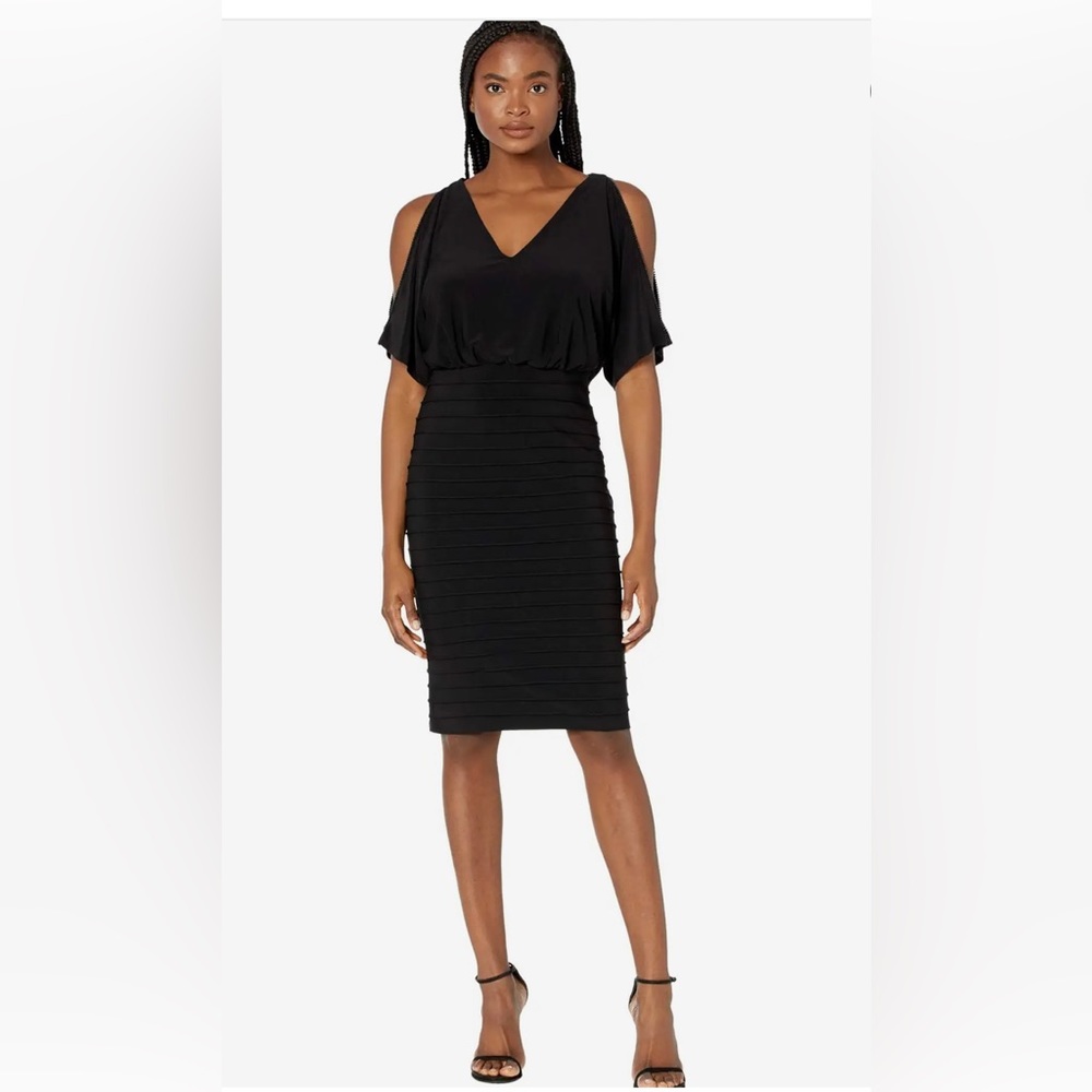 Adrianna Papell Black, Pin Tuck Blouson Dress with Beaded Trim